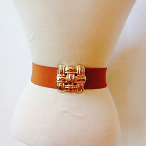 Vintage Brown Belt Gold Basketweave Buckle Stretch